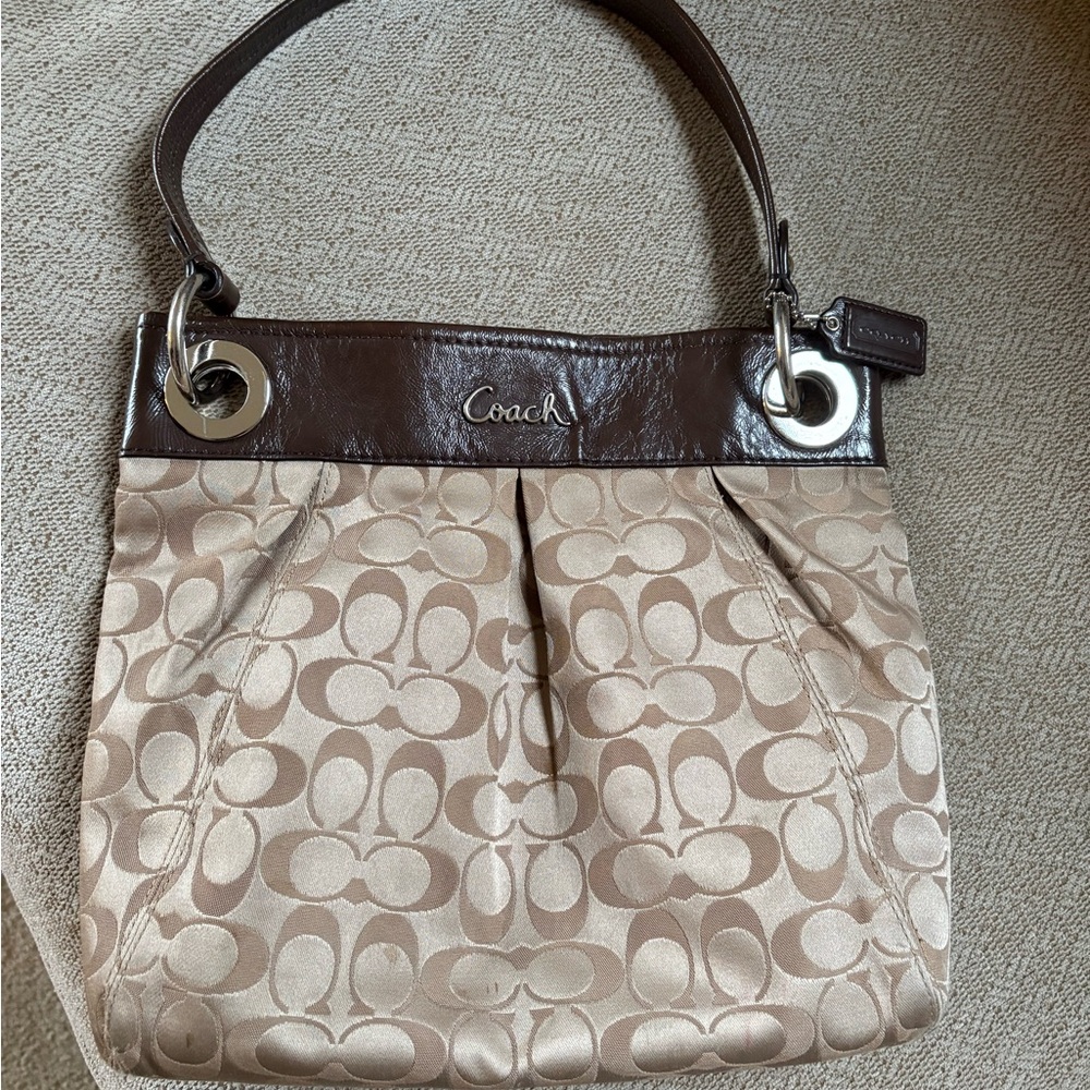 Coach Signature Brown and Cream Shoulder Bag